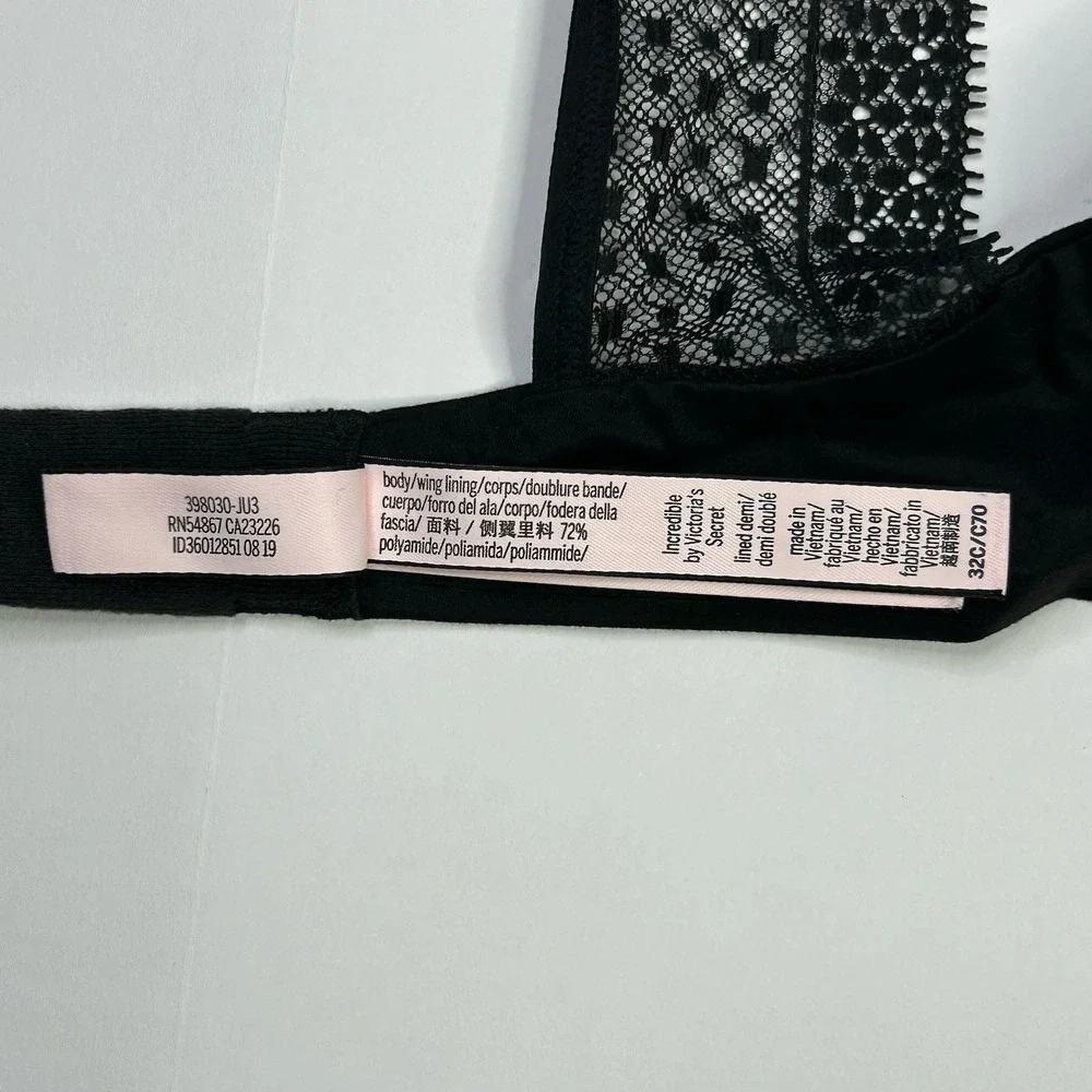 Victoria's Secret Incredible Lined Demi Bra 32C Black Lace Convertible Straps
